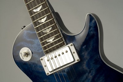 a close-up of the top and the fretboard bird inlays