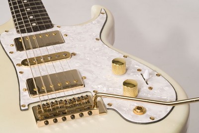 A close-up of the pickguard and the trem