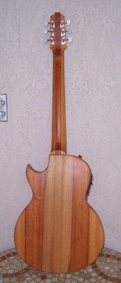 Back view of my Cypress Slimline Guitar, showing nicely book matched cypress grain.