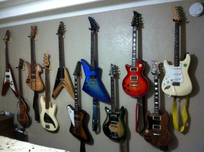 I built most of the lefties on this wall, with the exception of the strat and the Beatle Bass.