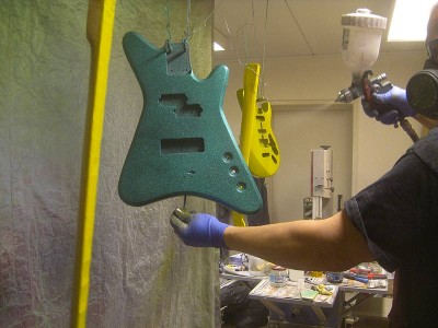 Spraying clearcoat. Every instrument I build gets at least 4 layers of clear lacquer and I wet sand between coats.