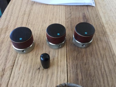 Solid nickel silver bases with set screws, bloodwood with maple stripe, blackwood top, and turquoise dots. Even the switch tip is a threaded brass ferrule with blackwood cover.